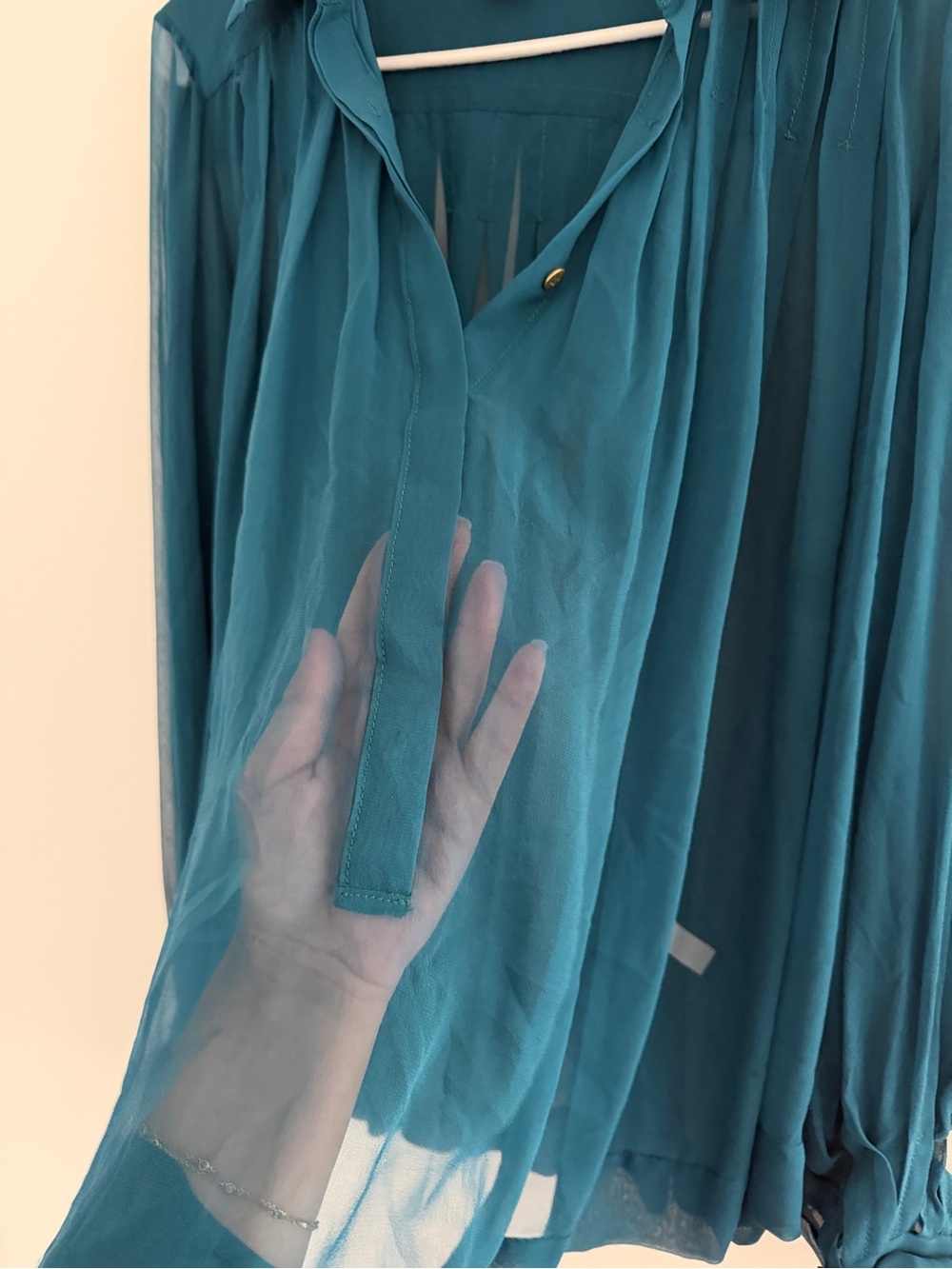 DVF sheer emerald Teal Blue Long-Sleeve Pleated Blouse - Picture 3 of 5